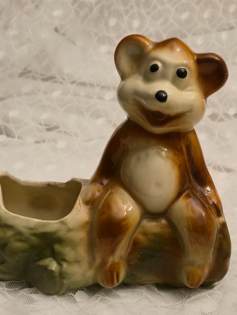 Vintage American Bisque Bear On Log Planter